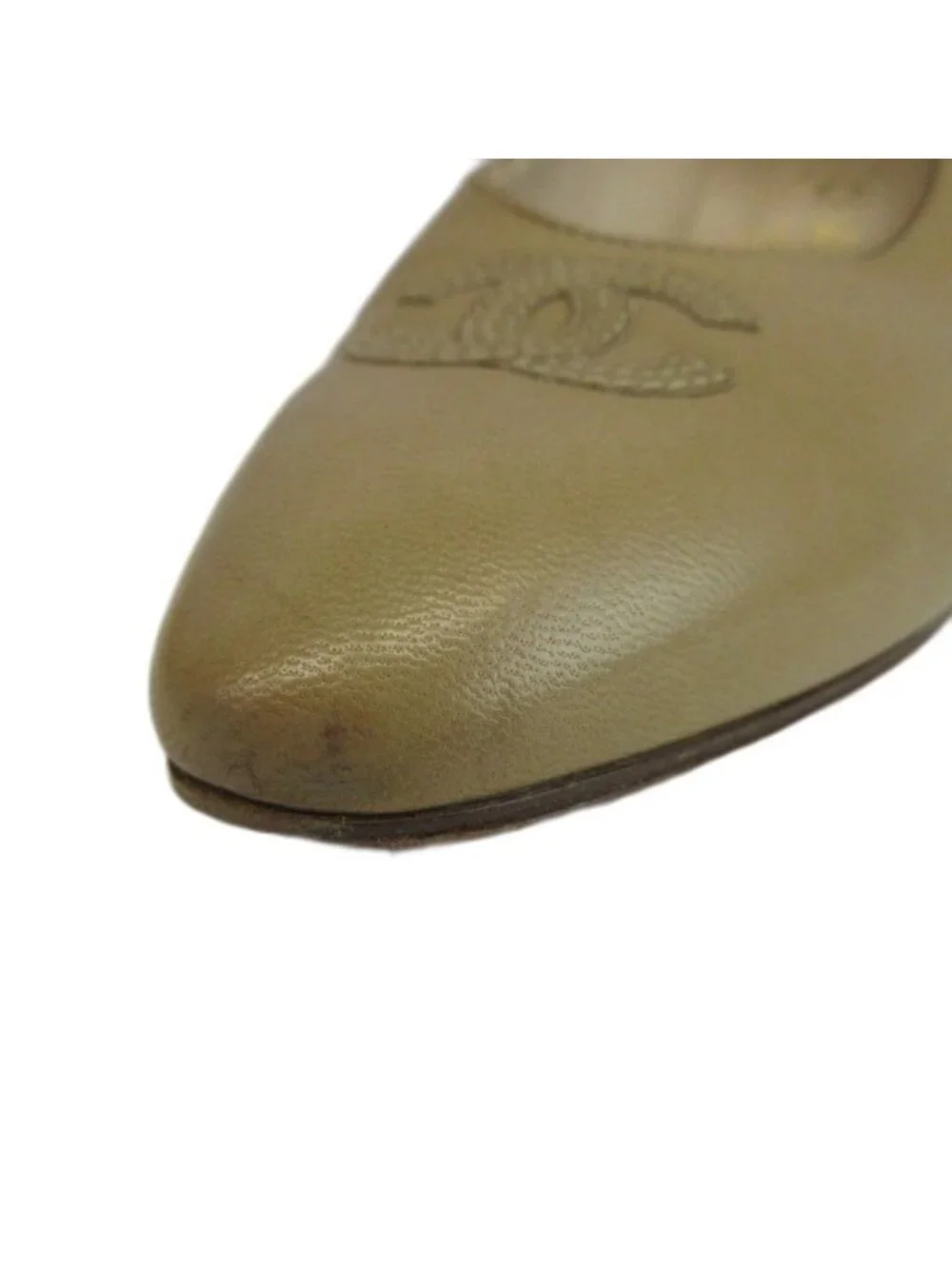 Chanel Pumps Leather Pointed Toe Middle Heels CC Logo Beige